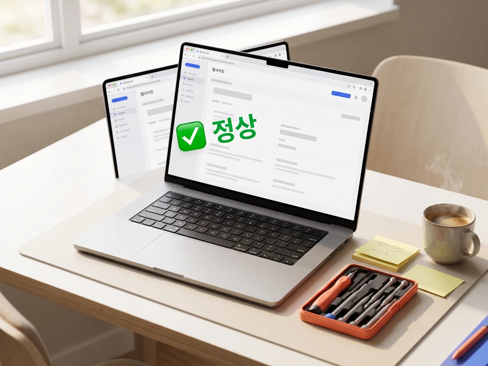 작업 책상 위 노트북과 수리 공구